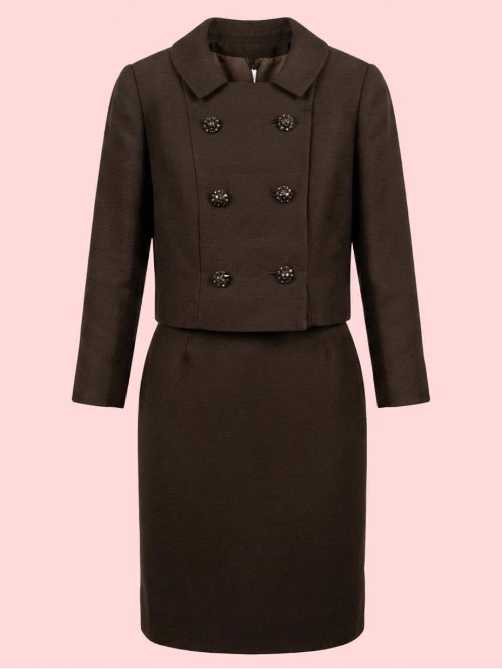 🖤 Vintage 60s Wool Blend Dress + Jacket Set ✨ Rhinestone Buttons Secretary Core